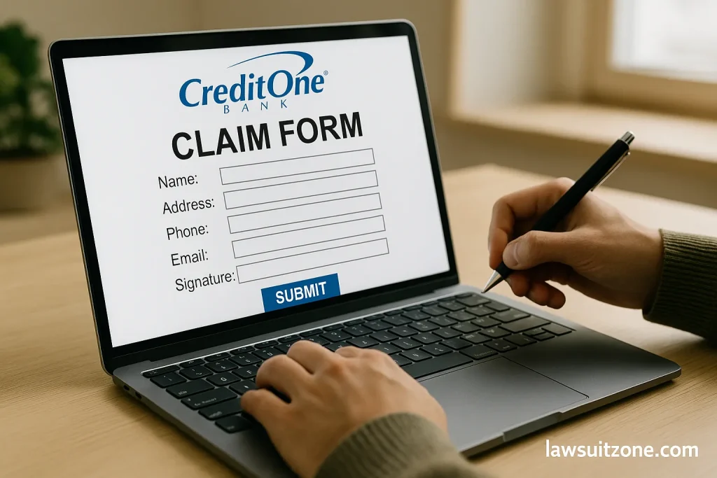 A person filling out an online Credit One Bank class action settlement claim form on a laptop with watermark lawsuitzone.com.