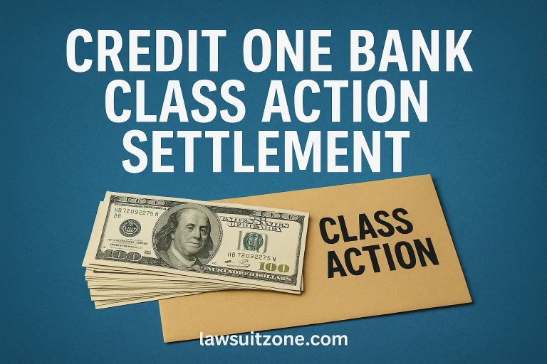 A courtroom-themed image showing a Credit One Bank credit card beside legal documents and a judge’s gavel, symbolizing the class action settlement.