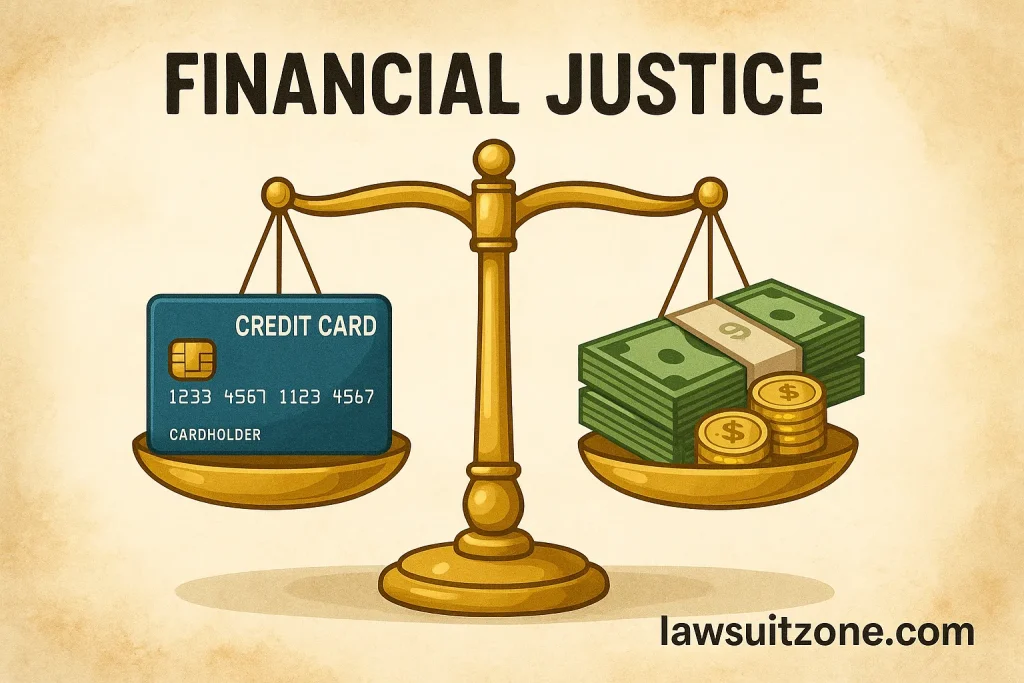 A balanced golden scale showing a credit card on one side and money on the other, symbolizing fairness and consumer compensation, with watermark lawsuitzone.com.