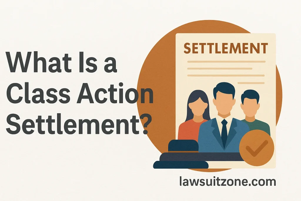 An infographic explaining the steps of a class action settlement, including claim filing, eligibility verification, and payouts, featuring watermark lawsuitzone.com.