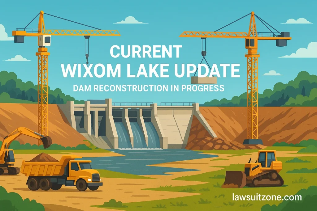 A semi-realistic illustration of ongoing dam reconstruction at Wixom Lake, showing cranes, heavy equipment, and water flowing under a bright blue sky, with lawsuitzone.com text at the bottom.
