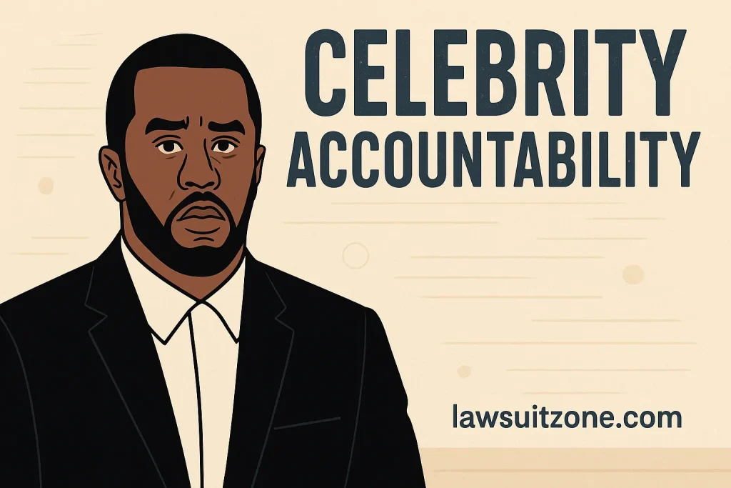 Illustrated portrait of Sean “Diddy” Combs with the words “Celebrity Accountability,” representing fame and responsibility in the Diddy lawsuit.