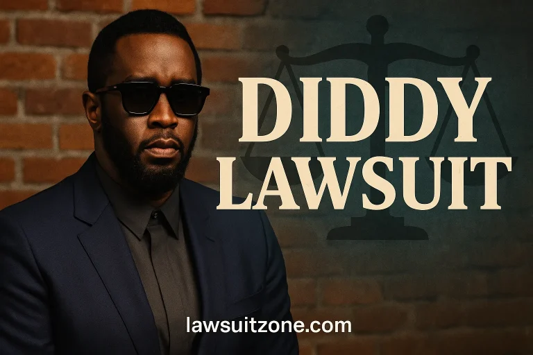 “Diddy” Combs facing legal scrutiny with justice scales in the background, symbolizing the Diddy lawsuit controversy.