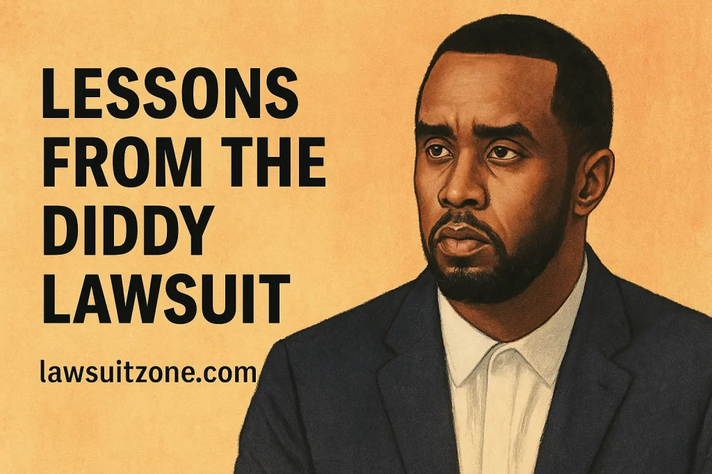 Portrait of Sean “Diddy” Combs with bold text “Lessons from the Diddy Lawsuit,” representing key takeaways from the legal case and public accountability.