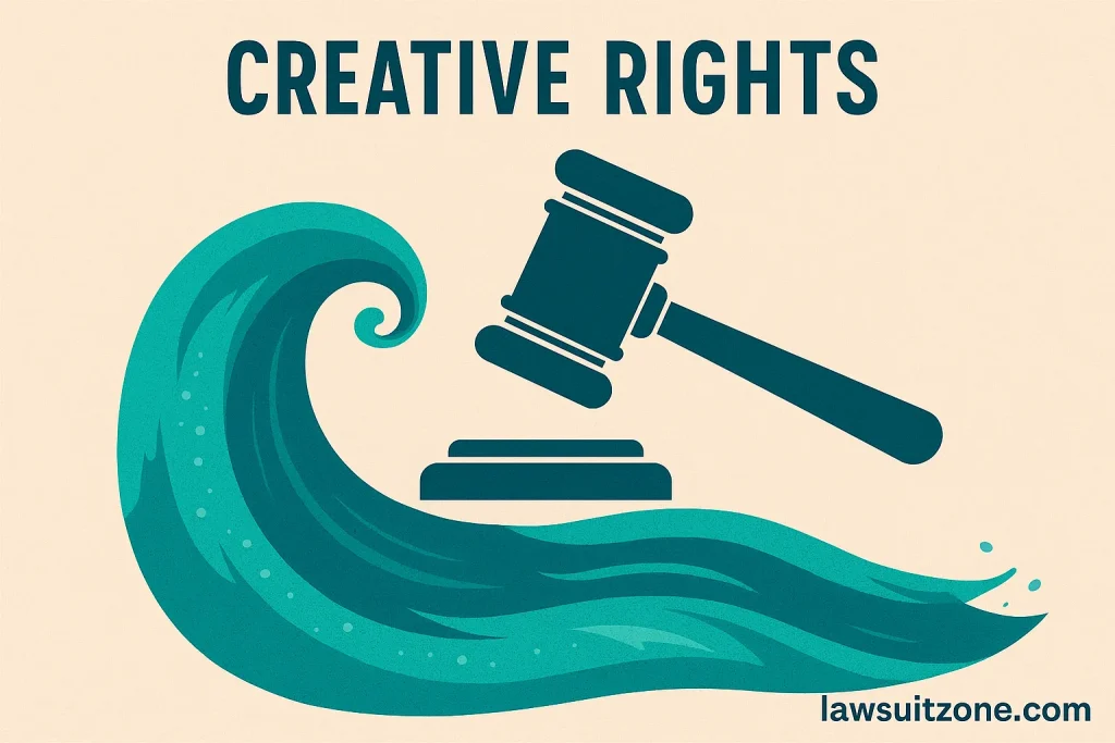 Ocean wave forming a judge’s gavel symbolizing justice and creative rights with watermark lawsuitzone.com