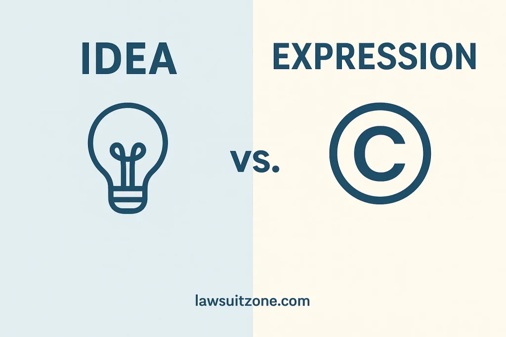 Minimalist infographic showing Idea vs Expression balance in copyright law with watermark lawsuitzone.com