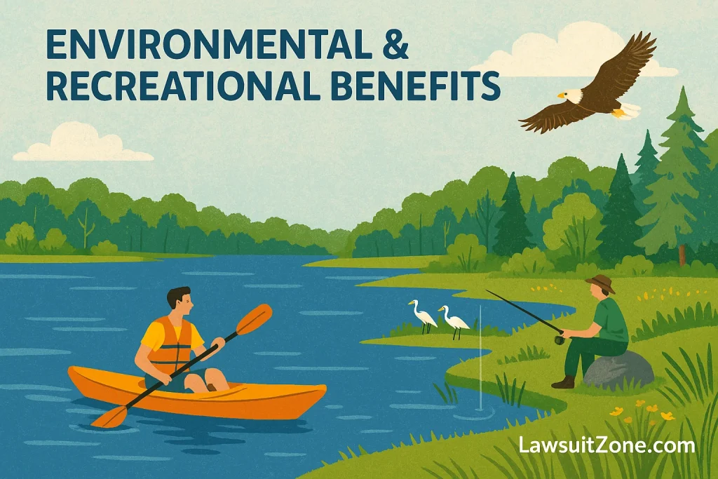 A colorful digital illustration of a restored Wixom Lake showing people kayaking and fishing surrounded by trees, birds, and clear skies, symbolizing outdoor recreation and environmental renewal, with lawsuitzone.com text at the bottom.