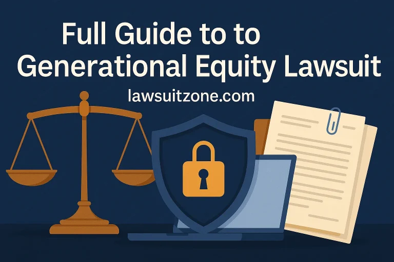 Banner featuring justice scales, secure shield lock, and documents symbolizing legal protection and data privacy for the Generational Equity lawsuit.