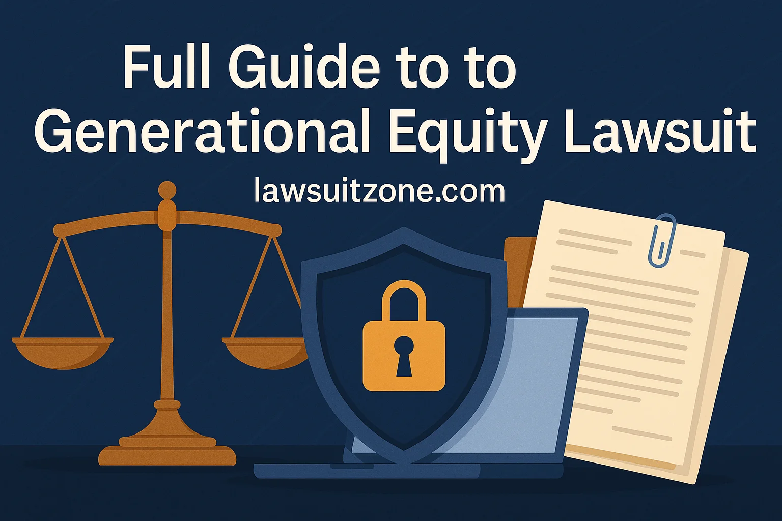 Banner featuring justice scales, secure shield lock, and documents symbolizing legal protection and data privacy for the Generational Equity lawsuit.