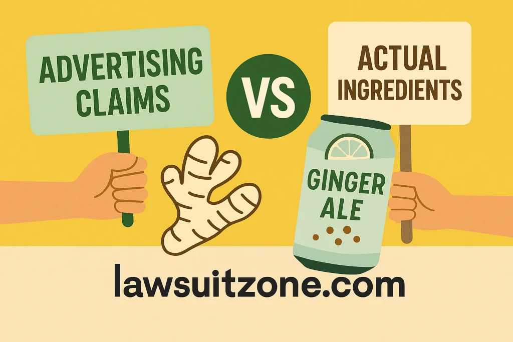 A digital courtroom illustration depicting a ginger ale bottle and label on trial, symbolizing the Ginger Ale lawsuit about misleading advertising and consumer justice, with “lawsuitzone.com” shown below.