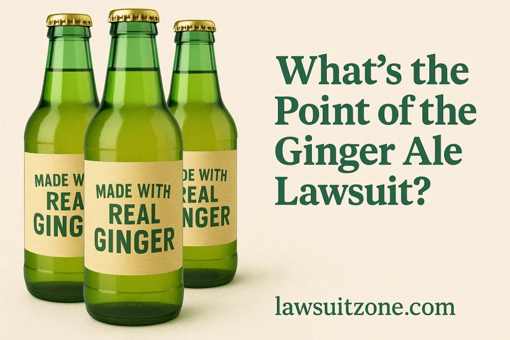 A digital courtroom illustration depicting a ginger ale bottle and label on trial, symbolizing the Ginger Ale lawsuit about misleading advertising and consumer justice, with “lawsuitzone.com” shown below.