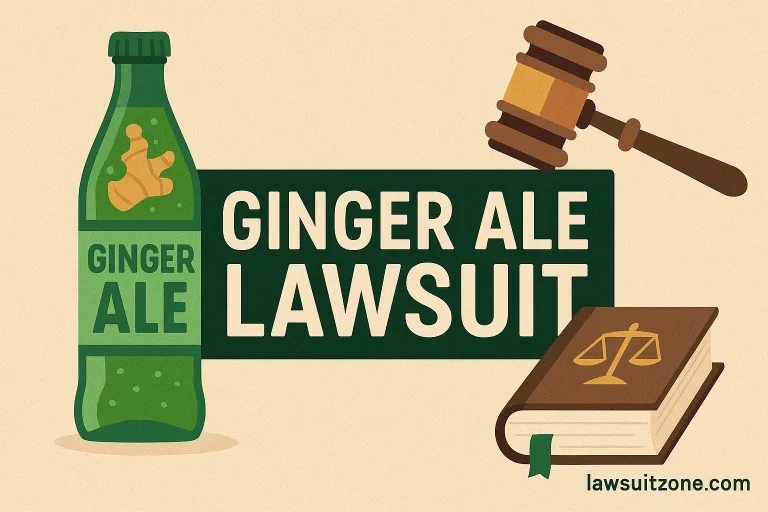 A digital illustration of a ginger ale bottle under a courtroom spotlight symbolizing the Ginger Ale lawsuit about truth in advertising and consumer rights, with “lawsuitzone.com” written at the bottom.