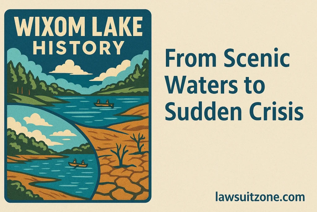 A realistic split illustration showing Wixom Lake before and after the dam failure — one side full and lively, the other dry and damaged, with lawsuitzone.com text at the bottom.