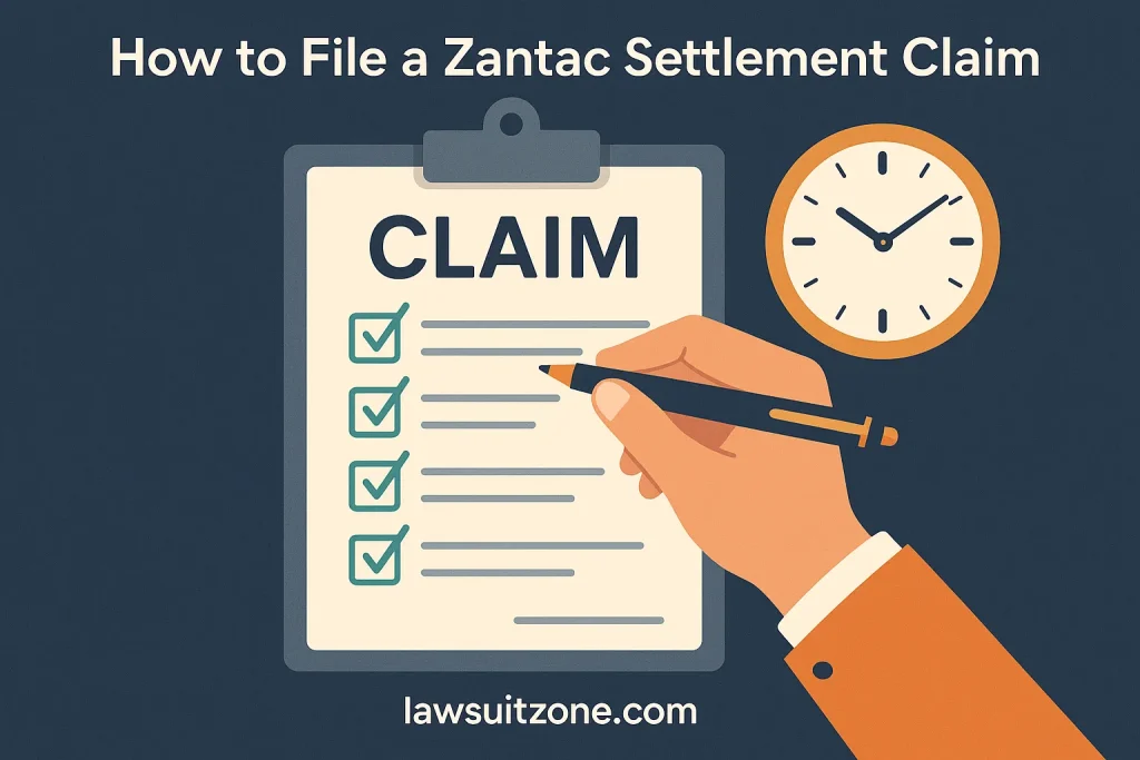 Illustration showing a hand filling out a claim checklist with a clock beside it, symbolizing the Zantac settlement claim process.