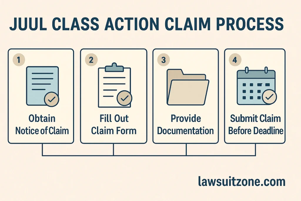 Infographic showing the four steps of the Juul class action claim process — obtaining notice, filling out the claim form, providing documentation, and submitting before the deadline.