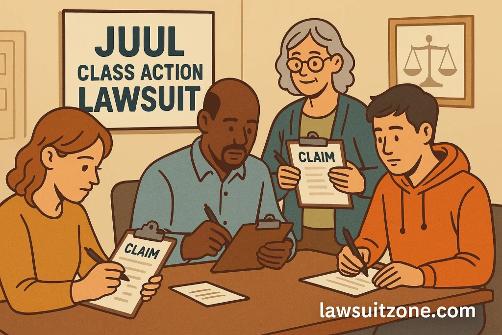 Illustration showing diverse individuals filling out claim forms for the Juul class action lawsuit, representing unity and collective justice.
