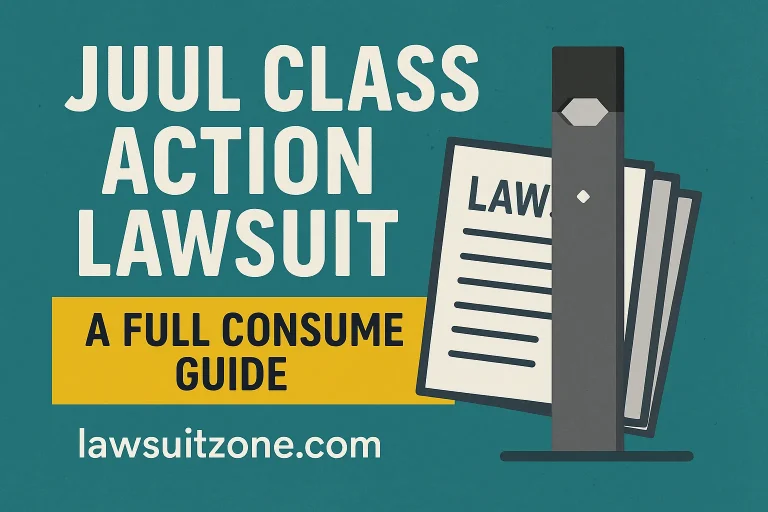 Graphic showing “Juul Class Action Lawsuit” headline with a JUUL device and legal documents, symbolizing consumer rights and corporate accountability.