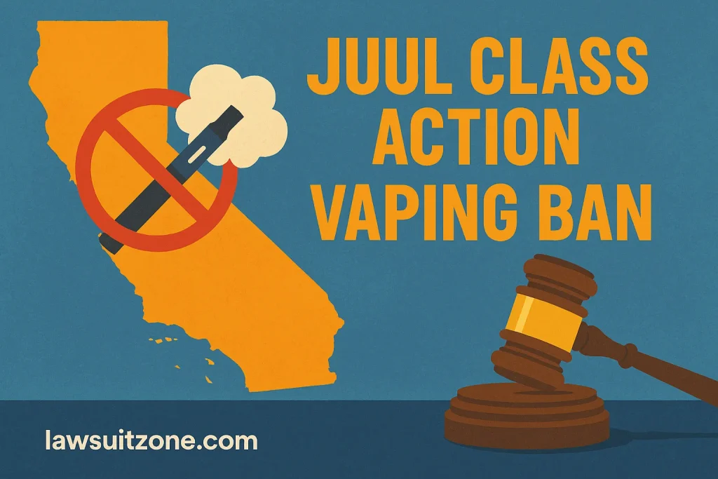 Editorial graphic showing a vaping device crossed out over the California map with a judge’s gavel, symbolizing the Juul class action lawsuit and vaping regulation.