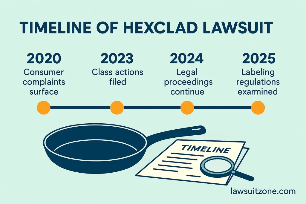 Infographic displaying the HexClad lawsuit timeline from 2020 to 2025, showing major events like consumer complaints, class actions, and labeling regulation reviews, with lawsuitzone.com watermark.
