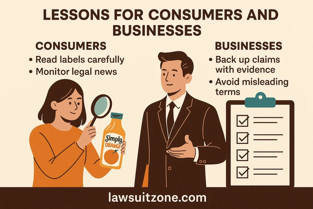 Illustration showing a woman examining a Simply Orange bottle with a magnifying glass and a businessman reviewing a checklist, symbolizing lessons for consumers and companies, with lawsuitzone.com text at the bottom.