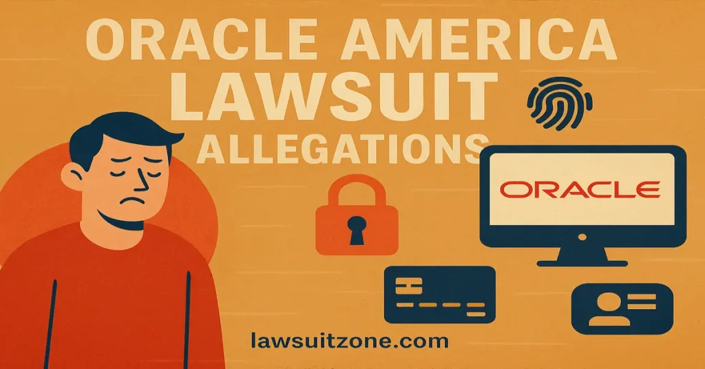 A digital infographic illustration showing Oracle America’s alleged data collection practices. The image features digital servers, data streams, and a person examining user privacy data on a laptop, with “lawsuitzone.com” displayed at the bottom.