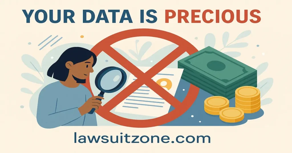 Flat-style digital illustration showing balanced justice scales over digital code patterns, symbolizing law, ethics, and technology in the Oracle America lawsuit, with “lawsuitzone.com” at the bottom.
