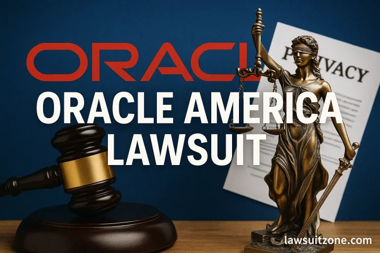Digital illustration representing the Oracle America lawsuit with abstract data symbols and corporate design, including the text "lawsuitzone.com".