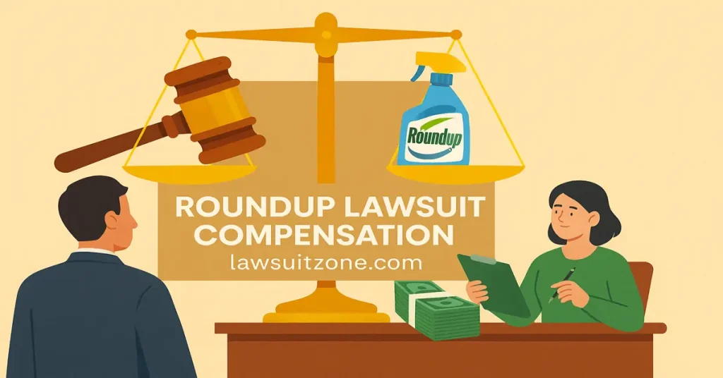 A flat, infographic-style digital illustration featuring balanced scales, cash, and legal papers symbolizing financial compensation and justice in the Roundup lawsuit.