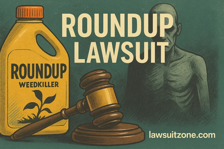 A digital illustration showing a courtroom desk with a gavel, legal documents, and a Roundup weed killer bottle, symbolizing the Roundup lawsuit and justice.