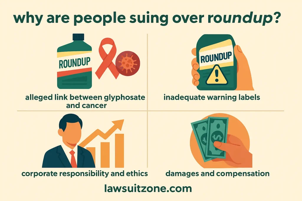 A flat-style digital illustration showing a lawyer discussing legal documents with a cancer patient, representing victims seeking compensation in the Roundup lawsuit. The image includes “lawsuitzone.com” text at the bottom.