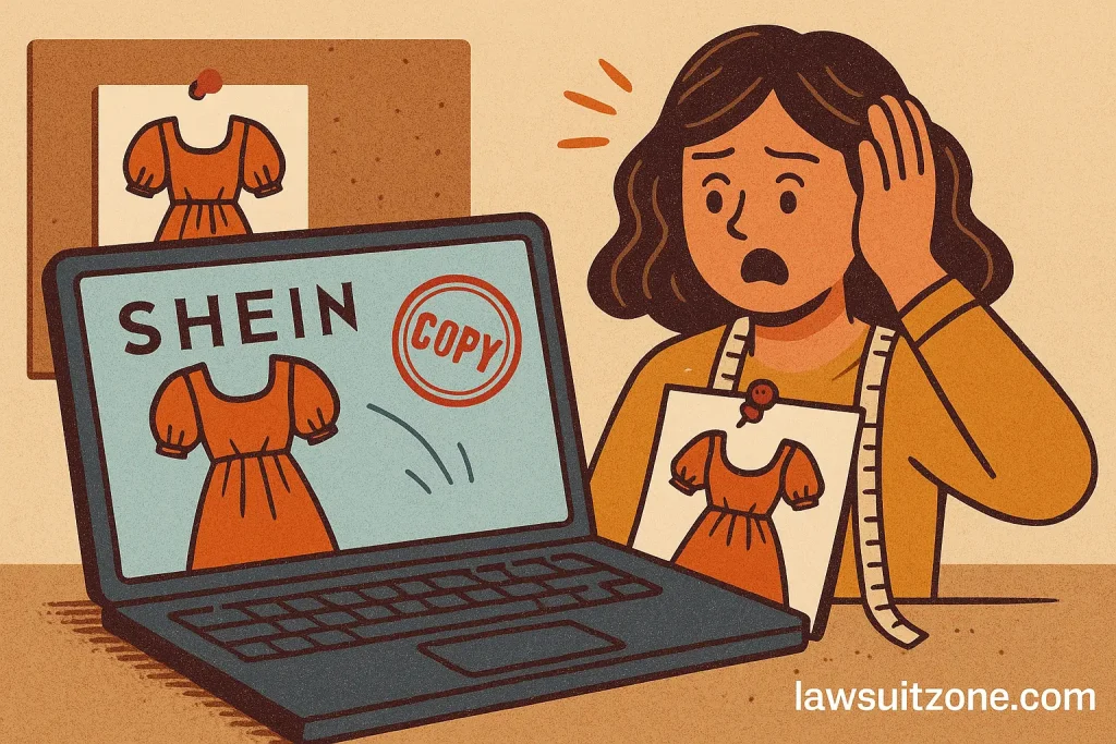 Flat-style illustration showing independent fashion designers comparing sketches and digital screens — representing SHEIN design infringement claims and creative rights issues.