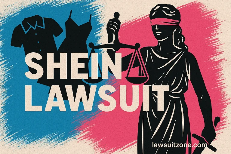 Digital illustration showing the SHEIN lawsuit concept with a clothing rack, a gavel, and the SHEIN logo in a courtroom background — representing fashion industry legal controversies.