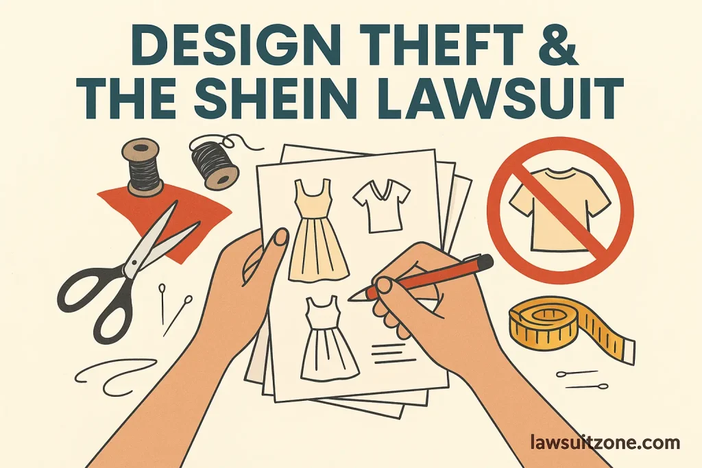 Flat-style infographic showing a balanced scale of justice weighing fashion products on one side and ethical responsibility on the other — symbolizing the SHEIN lawsuit’s impact on the fashion industry.