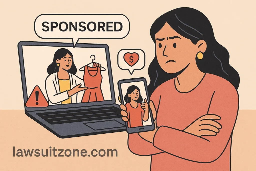 Flat-style illustration showing a young influencer speaking in a courtroom surrounded by social media icons and lawyers symbolizing influencer marketing ethics in the SHEIN lawsuit.