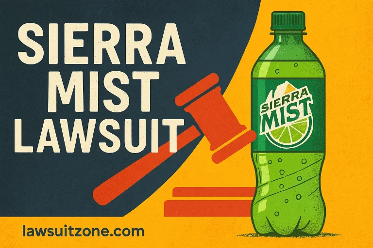 Illustration showing a Sierra Mist bottle beside a gavel symbolizing the Sierra Mist lawsuit and corporate accountability.