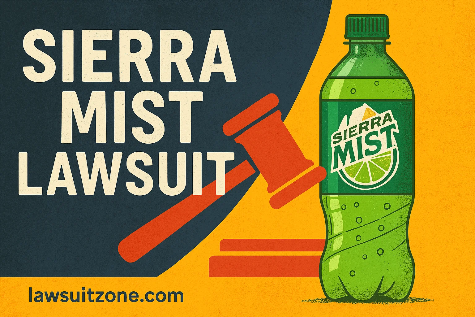Illustration showing a Sierra Mist bottle beside a gavel symbolizing the Sierra Mist lawsuit and corporate accountability.