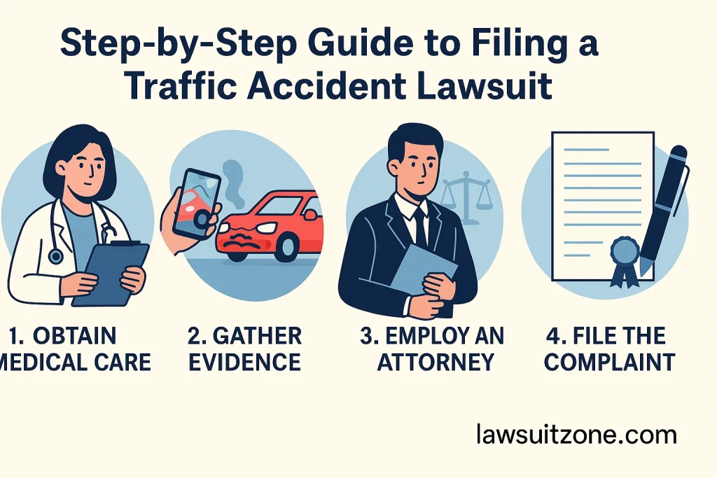 A 2D digital infographic showing a person consulting a lawyer at a desk with documents, a laptop, and a calendar symbolizing the legal process timeline, featuring lawsuitzone.com text at the bottom.