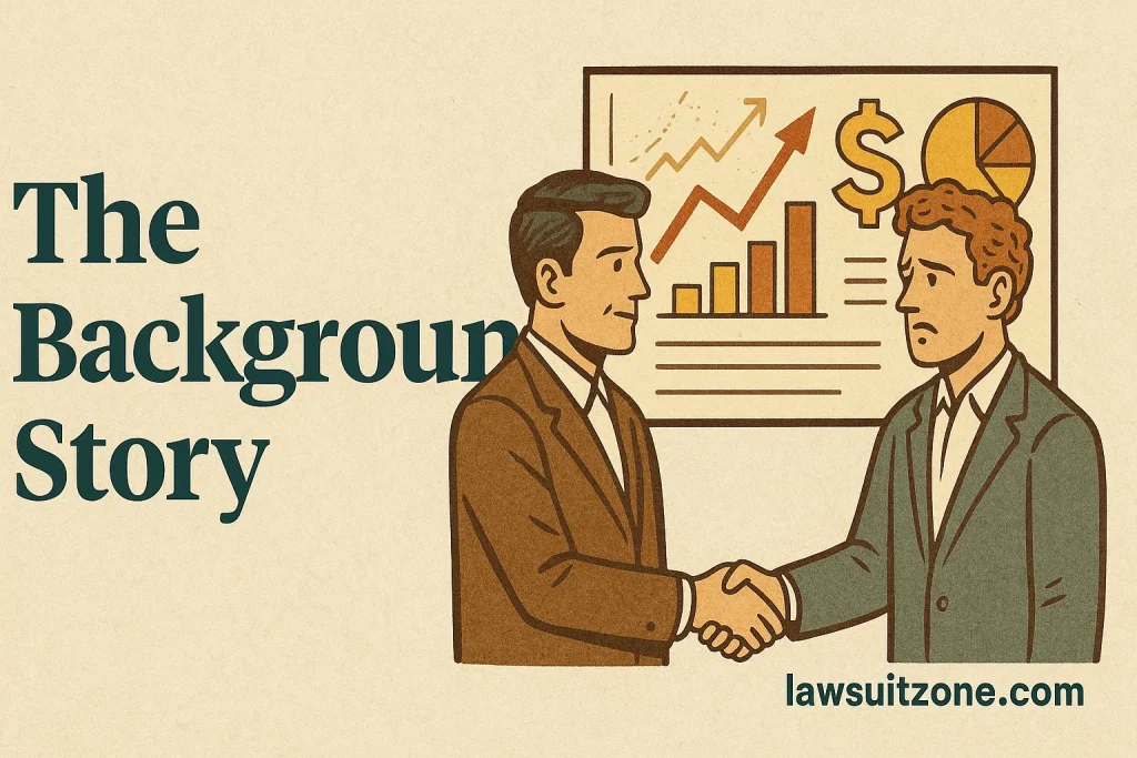 Illustration showing two business partners shaking hands in front of financial charts and real estate data, symbolizing partnership and conflict origins, with lawsuitzone.com text at the bottom.