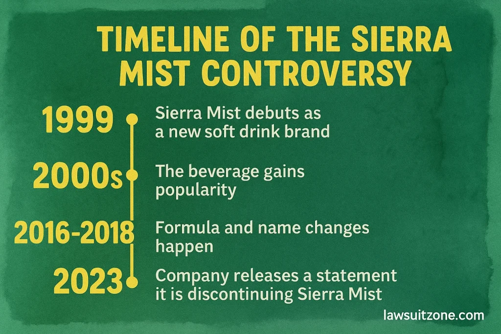 Infographic showing a green background timeline from 1999 to 2023 highlighting major Sierra Mist brand milestones and changes, with lawsuitzone.com watermark.