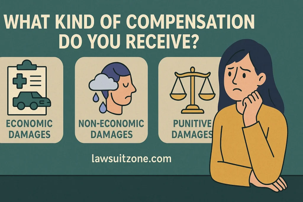 A flat-style digital illustration showing balanced scales with money, medical bills, and car repair icons on one side, and justice symbols on the other, representing compensation categories in traffic accident lawsuits, with lawsuitzone.com text at the bottom.