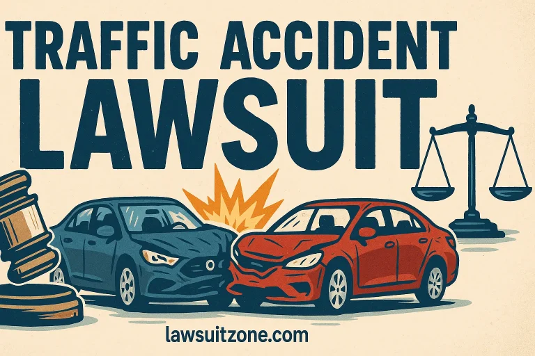 A realistic digital courtroom illustration showing a judge, lawyer, and traffic accident evidence on screen, representing justice after a road crash, with lawsuitzone.com text at the bottom.