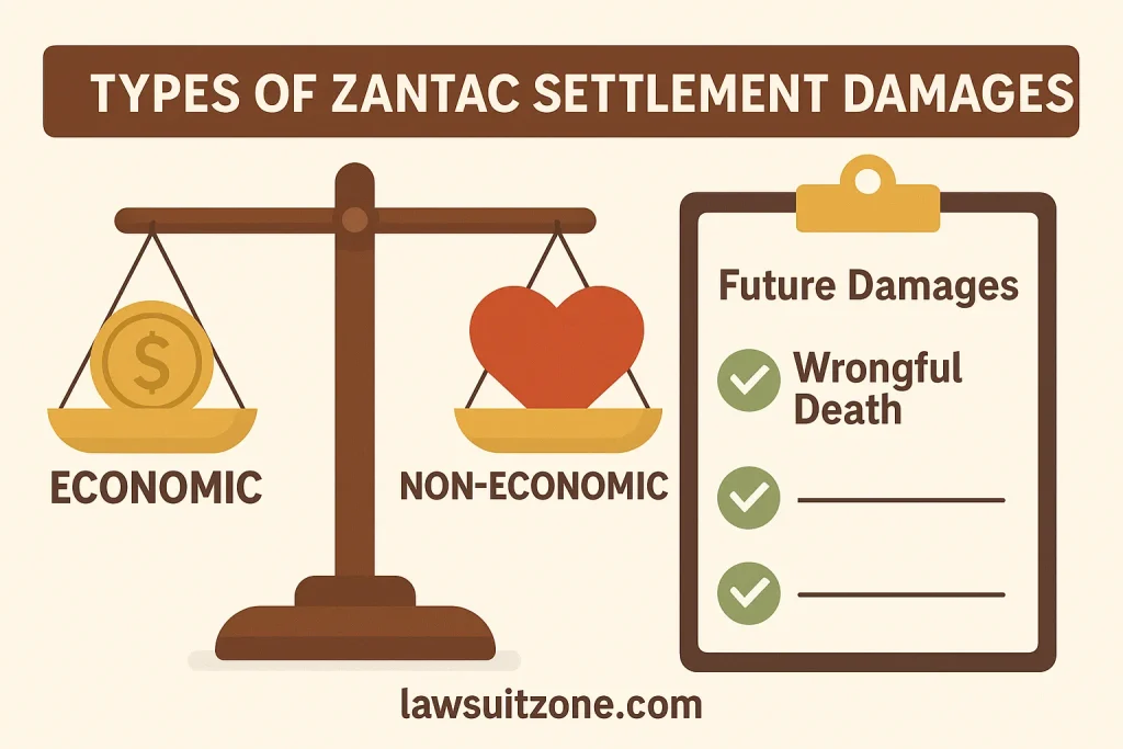 Illustration showing a balanced scale comparing economic and non-economic damages, with a clipboard listing wrongful death and future damages.
