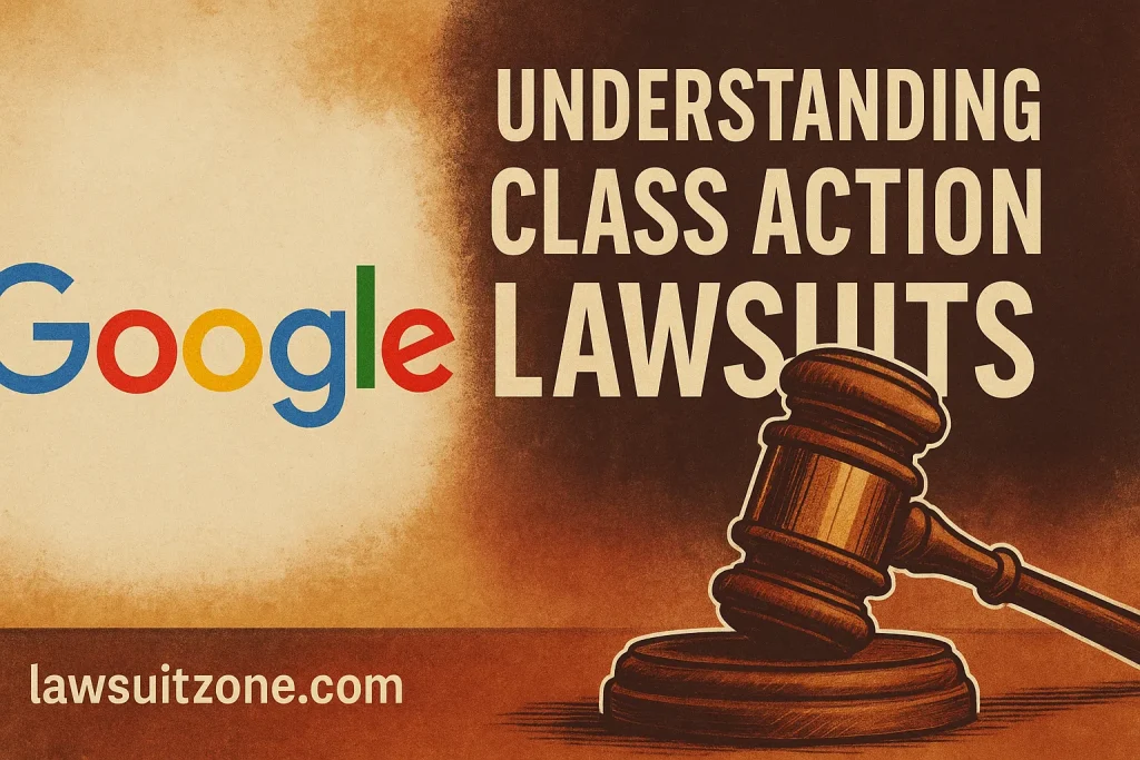 Vintage-style illustration with the Google wordmark, a wooden gavel, and bold text “Understanding Class Action Lawsuits,” with lawsuitzone.com at the bottom.