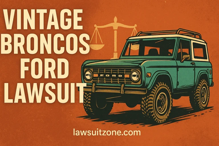 Retro-style artwork featuring a teal Ford Bronco with a justice scale in the background and “Vintage Broncos Ford Lawsuit” title overlayed.