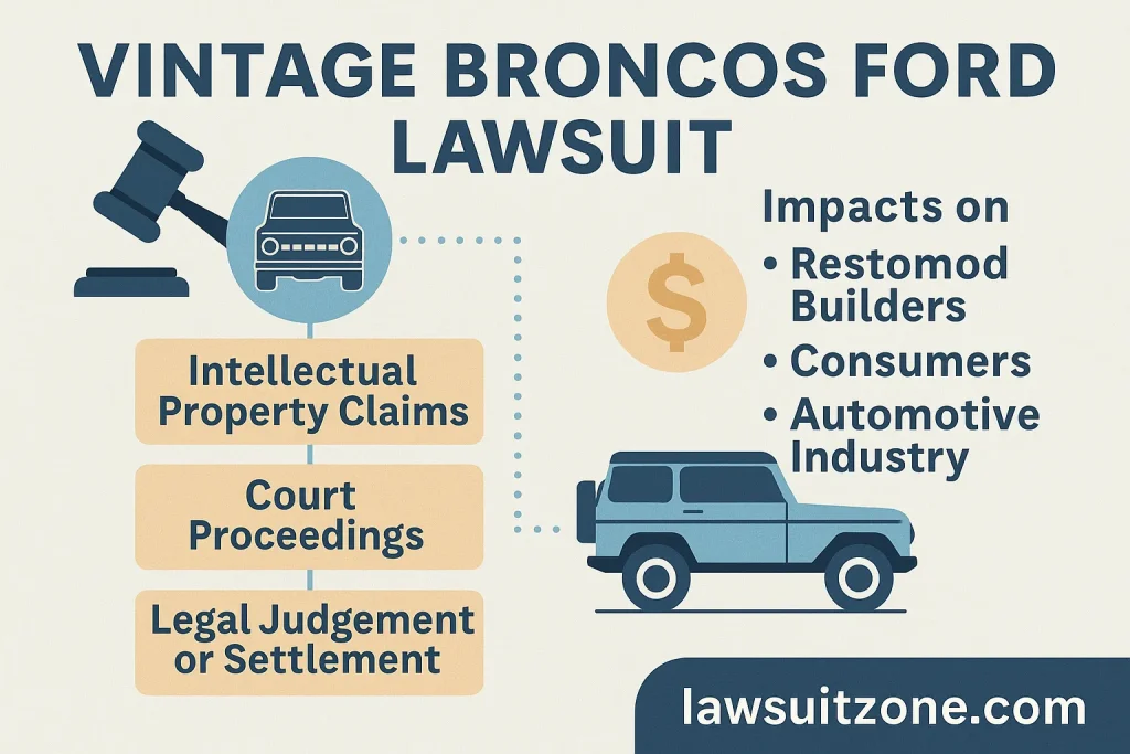 Infographic illustrating the steps of the Vintage Broncos Ford Lawsuit, showing legal claims, proceedings, and impacts on builders and consumers.