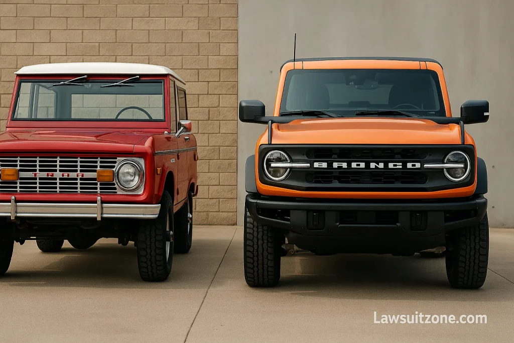 Side-by-side image showing a red vintage Ford Bronco next to a modern orange Bronco, representing design evolution and the basis of the Ford lawsuit.