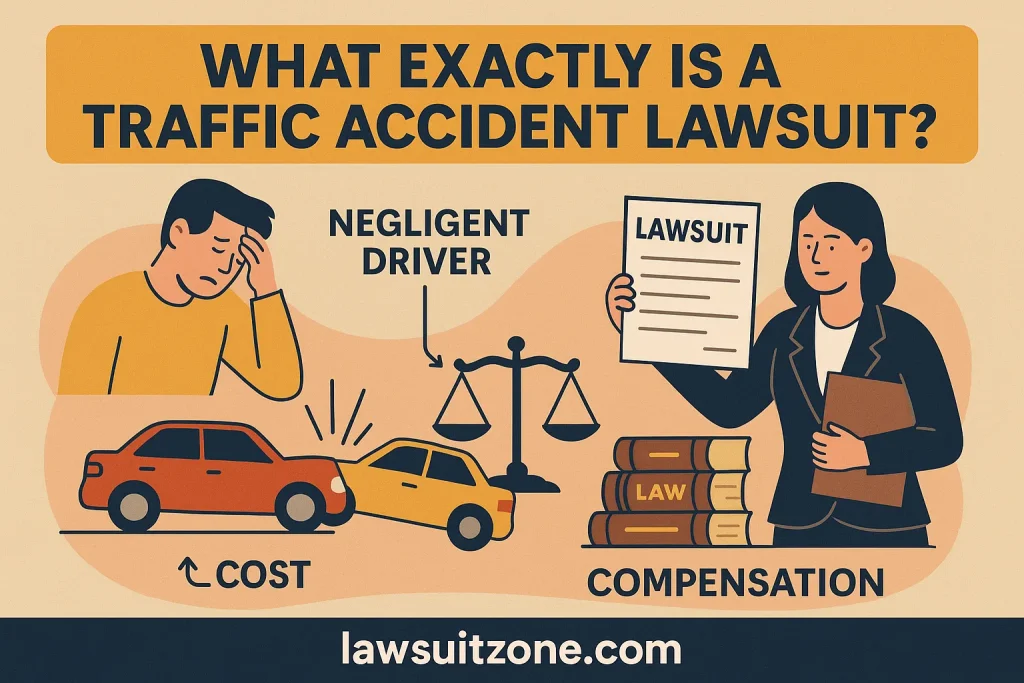 A vector-style digital illustration showing a car crash scene with two damaged vehicles, a police officer taking notes, and a lawyer holding documents, representing the start of a traffic accident lawsuit.