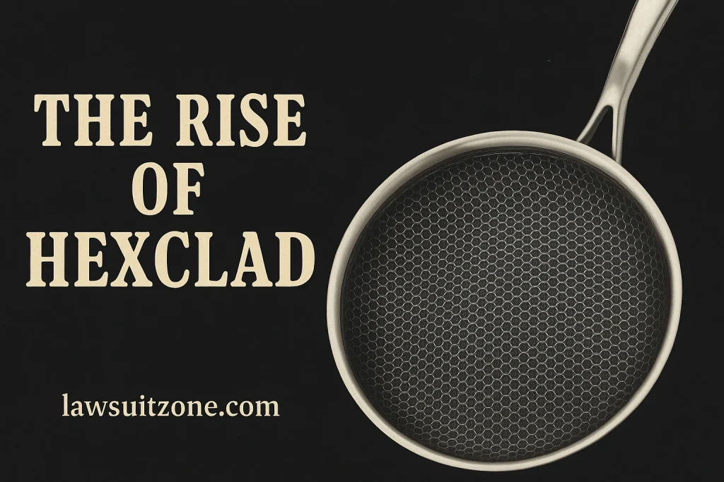 Illustration showing a HexClad frying pan beside legal documents and a magnifying glass, symbolizing consumer investigation into cookware claims, with lawsuitzone.com watermark at the bottom.