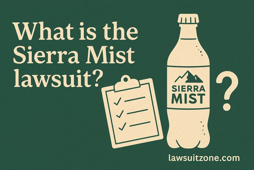 Illustration showing a Sierra Mist bottle beside a checklist and question mark, symbolizing consumer investigation into the Sierra Mist lawsuit, with lawsuitzone.com watermark.