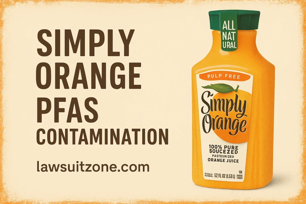 Flat illustration featuring a Simply Orange juice bottle beside justice scales and legal icons, symbolizing the consumer lawsuit and product investigation, with lawsuitzone.com text at the bottom.